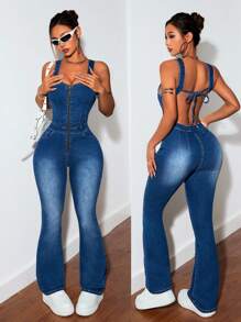 SHEIN ICON Của phụ nữ Không lưng Quần yếm Với BUỘC LẠI Dây đai Và Không tay Thiết kế - Màu xanh lam - Xem 7
