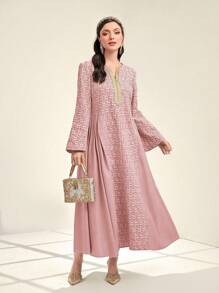 Al Najma 女式花卉提花拼布编织腰带连衣裙 - 藕粉色 - 查看 1