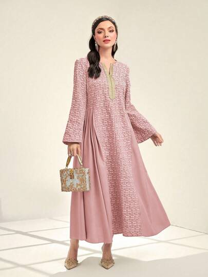 Al Najma Floral Jacquard Patchwork Woven Belt Dress For Women
