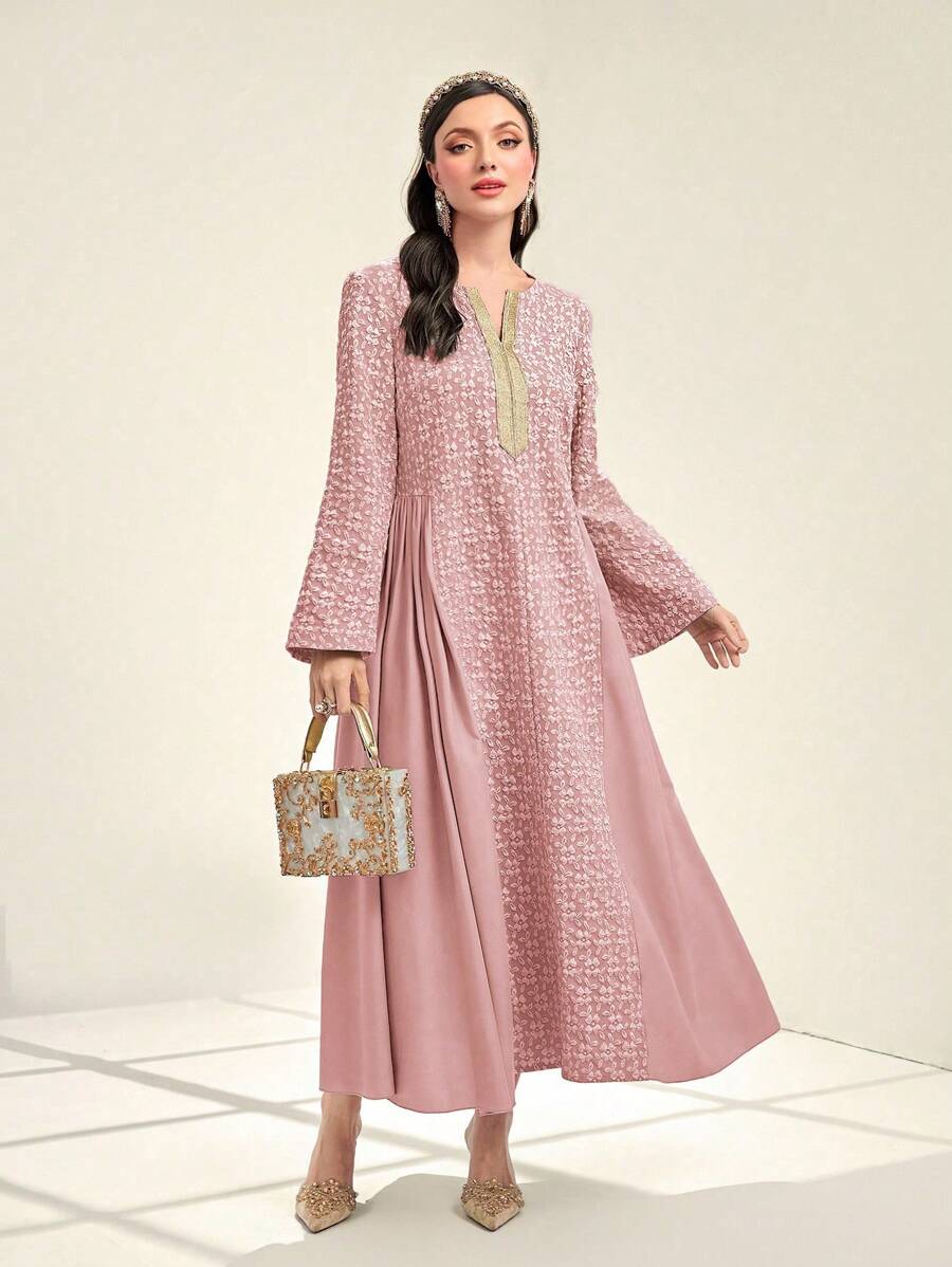 Al Najma 女式花卉提花拼布编织腰带连衣裙 - 藕粉色 - 查看 1