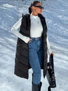 SHEIN Cottnline Solid  Zipper Double Pocket Hooded Quilted Vest - Black - View 5