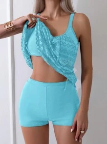 SHEIN Swim Women's Fashionable Geometric Hollow Out Drawstring Top Strap Bikini,Summer Beach
