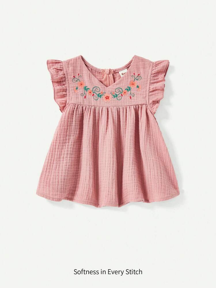 Baby Girl Flower Print Ruffle Trim V-Neck Pullover Top