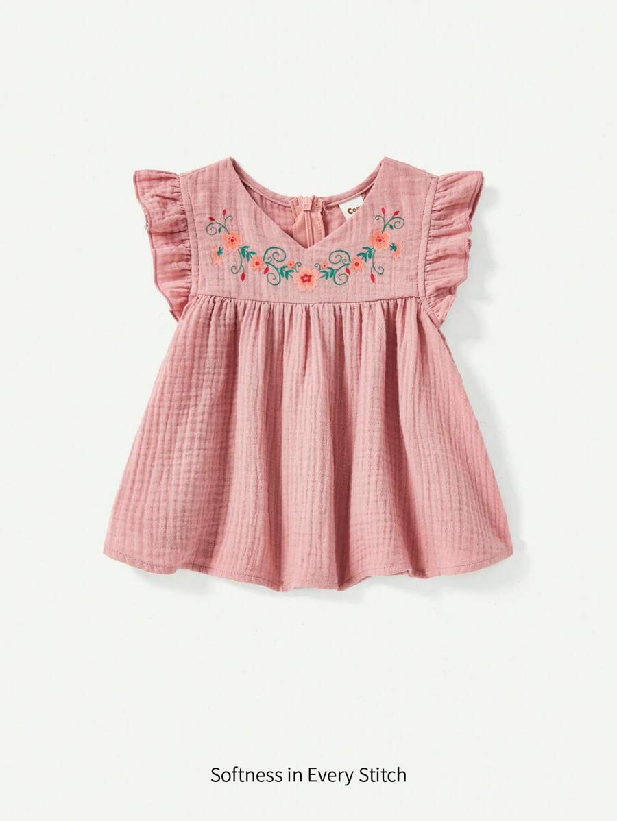 Cozy Pixies Baby Girl Flower Print Ruffle Trim V-Neck Pullover Top - Dusty Pink - View 1