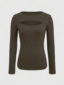 INAWLY Hollow Out Knitted Slim Fit Long Sleeve T-Shirt, Spring Casual Style Fall Cloth For Women - Army Green - View 3