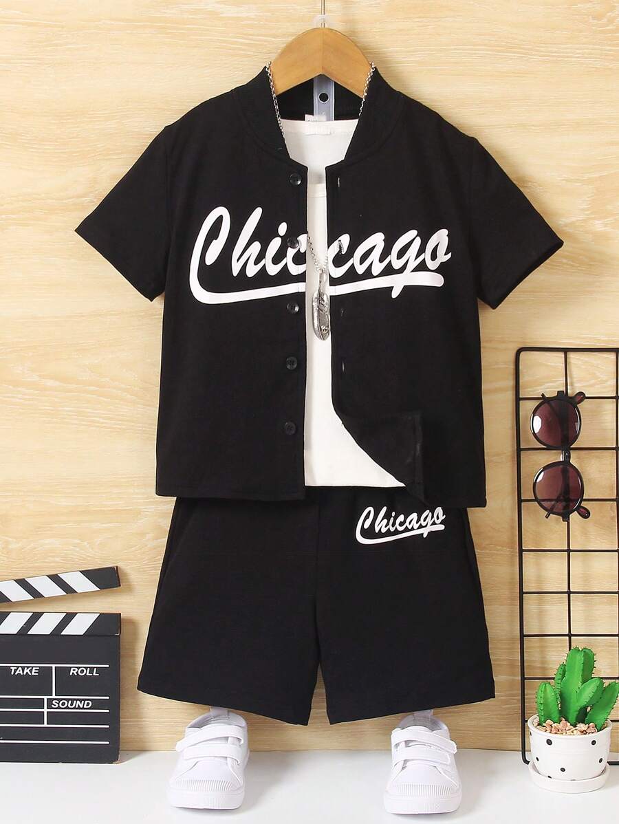 SHEIN Juego de camiseta de béisbol para niño joven con botones delanteros y estampado de letras y pantalones cortos