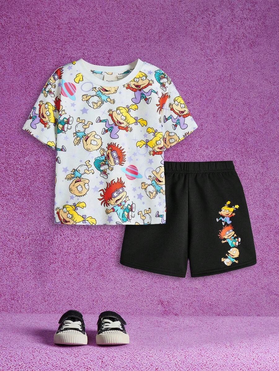 Nick 90s | SHEIN 少年可愛卡通印花套裝 - 黑與白 - 查看 1