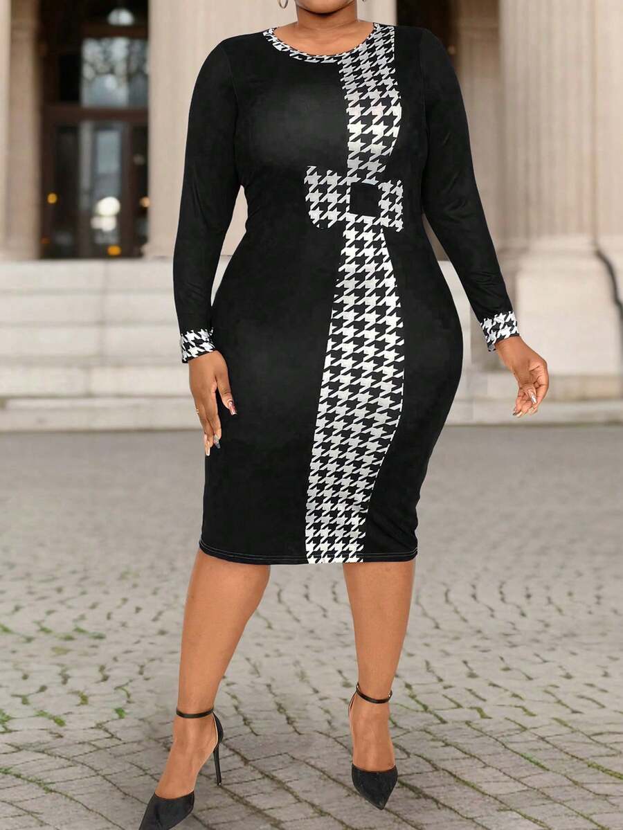 SHEIN Clasi 時尚印花針織優雅大尺碼女裝連衣裙 - 彩色 - 查看 1