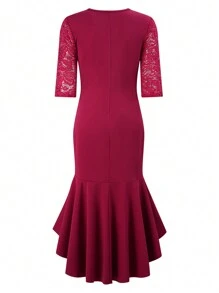 Zolique Women Elegant Lace Patchwork Wrapped Tulip Hem Bodycon Dress With Ruffle Trim - Burgundy - View 2