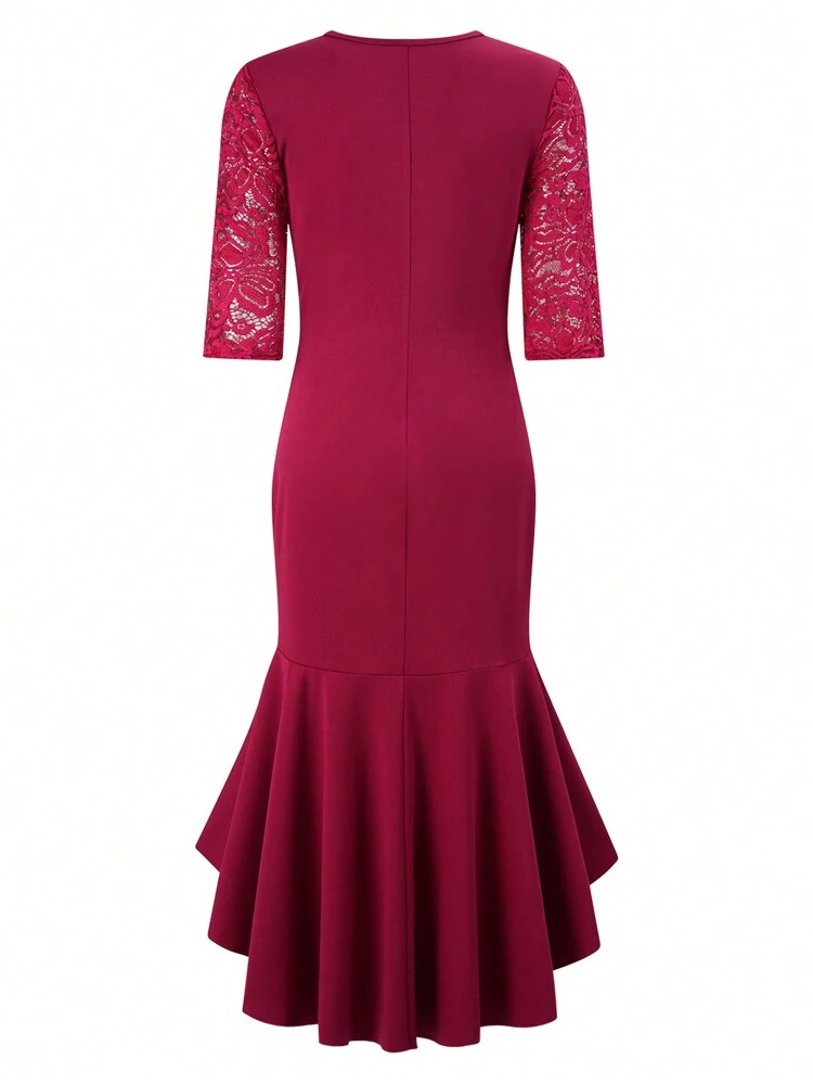 Women Elegant Lace Patchwork Wrapped Tulip Hem Bodycon Dress With Ruffle Trim