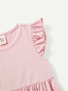 花紋實色圓領連身裙配彈性腰帶呢褲，帶流蘇邊，寶寶女孩兩件套裝 - 彩色 - 查看 6