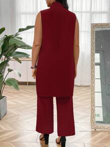 SHEIN Clasi Kích thước lớn Màu thuần Không tay Thời trang Bộ đồ Áo khoác Và Quần Bộ - Màu Đỏ Sâu - Xem 2