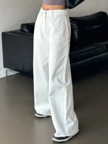 DAZY Solid Color Wide Leg Jeans With Slanted Pockets And Frayed Hems, Suitable For All Seasons