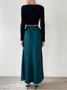 Chiquease Váy dài đuôi cá màu trơn thanh lịch cho nữ - Màu xanh ngọc - Xem 2