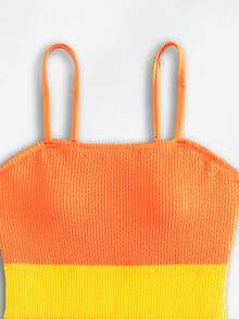 SHEIN Teen Girls Colour Block Smocked Cami One Piece Swimsuit - Multicolor - View 3