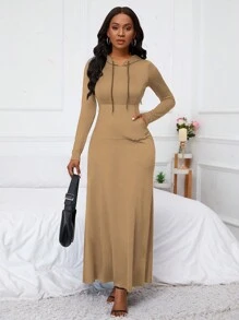 SHEIN LUNE Vestido largo con capucha, cordón y bolsillos para mujer, atuendo femenino