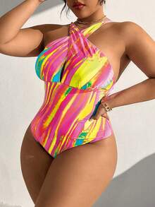 SHEIN Swim Curve 大码女式扎染吊带连体泳衣，带泳衣罩裙，适合度假 - 橘色 - 查看 6