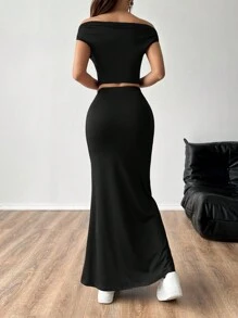 SHEIN EZwear 女士简约露肩背心和长裙两件套，适合日常穿着 - 黑色 - 查看 2