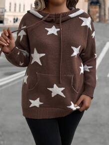 Calvaya Plus Size Women's Sweater With Starry Print And Drawstring Knit Pullover Fall Winter Autumn - Coffee Brown - View 5