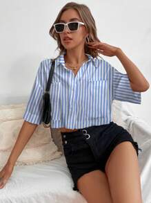 Chiquease Women's Color Block Striped Drop Shoulder Cropped Shirt For Summer - Blue and White - View 3