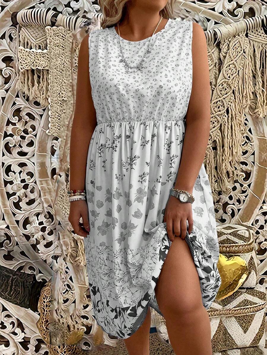 SHEIN Clasi 大尺碼女士花卉印花無袖連衣裙 - 黑色 - 查看 1