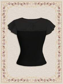 Vintamour Mesh Panel Ruffle Sleeve Round Neck Tee With Tie Summer Clothes Old Money Aesthetic Women Tops Teacher Tops Crew Neck Valentine Day Summer Bow Crop Tops Going Out Tops Women Birthday Outfits For Women Business Casual Woman Valentine's Day Cute Tops Lace Top Tops Valentine Day Summer Outfits For Women