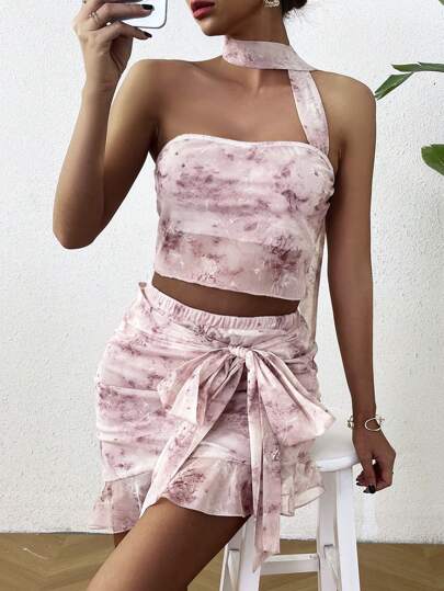 Zolique Sexy Tie Dye Print Halter Top & Asymmetrical Skirt Two Pieces Set For Women, Spring/Summer