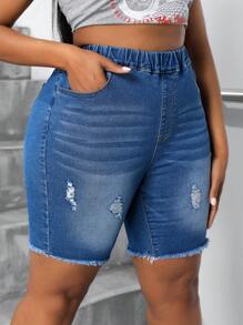 SHEIN SXY Plus Size Women's Elastic Waist Denim Cycling Shorts With Distressed Frayed Hem - Medium Wash - View 4
