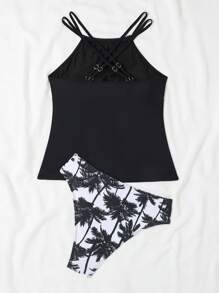 SHEIN Swim Summer Beach Coconut Tree Print Halter Tankini - Black and White - View 4