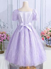 SHEIN Vestido de flecos para niñas preadolescentes decorado con un noble y dulce lazo - Rosa - Ver 2