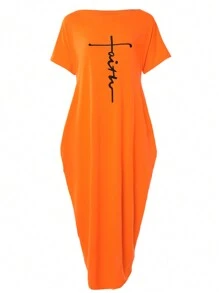 ChicMe 女士长裙字母印花无袖休闲宽松肩带长裙宽松带口袋休闲日常穿着 - 橘色 - 查看 3