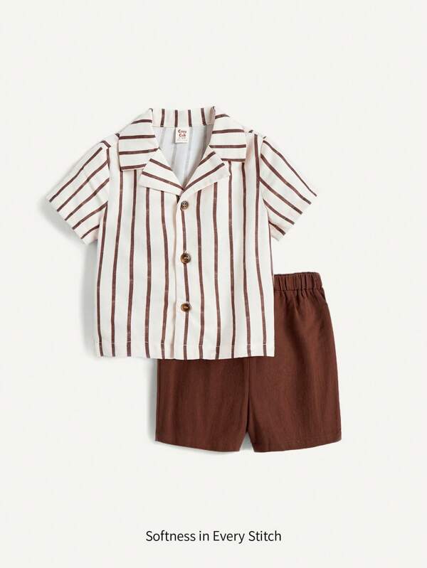 Cozy Pixies Baby Jongens Gestreept Kraag Kraag Cardigans En Effen kleur Casual Shorts 2 st./set