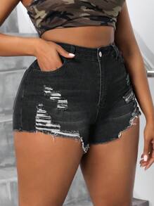 SHEIN SXY Pantalones Cortos De Mezclilla Con Detalle Rasgado, Elásticos, De Talle Alto Y Talla Grande Para Mujer