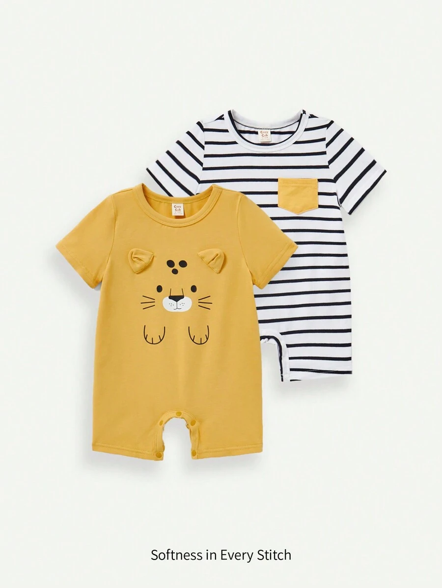 Cozy Pixies Em bé Con trai Phim hoạt hình động vật Mẫu Ngắn tay Romper Với Chi tiết tai Và Bộ quần short - Màu Mù tạt vàng - Xem 1