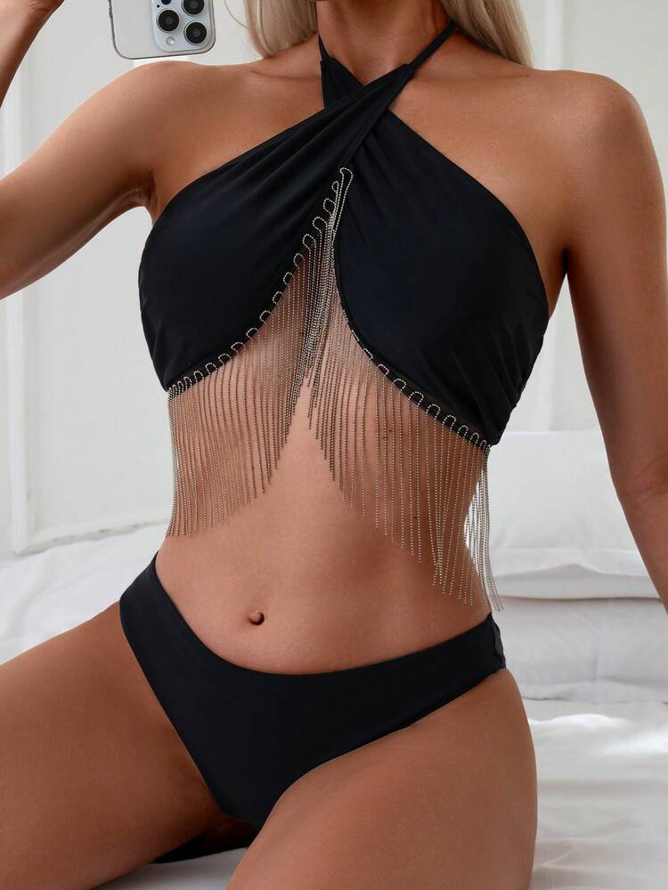 Women's Fringe Design Halter Two Pieces Bikini Set, Fashionable Summer Beach