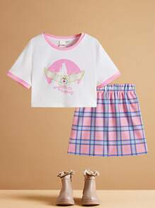 HARRY POTTER X SHEIN Tween Girl Short Sleeve Ringer Hedwig T-Shirt And Plaid Skirt In College Style - Pink - View 1
