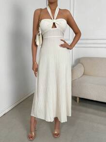 Chiquease Women's Halter Neck Backless Solid Dress - Apricot - View 3