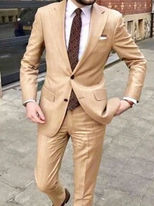 Calvornis Men's Patchwork Lapel Long Sleeve Suit Jacket And Trousers Set - Yellow - View 1