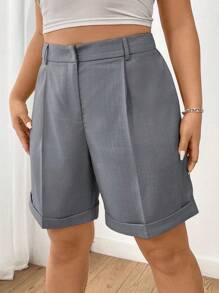 Flirla Kích thước lớn Của phụ nữ Mùa hè Màu thuần Xếp li Giải trí Quần short - Xám - Xem 6