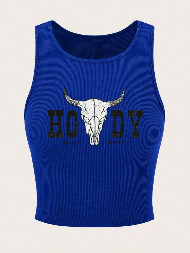 Plus Size Summer Casual Cow Skull & Letter Printed Slim Fit Tank Top