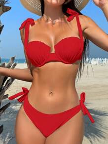 SHEIN Swim Conjunto de bikini unicolor para mujer con nudos simples en los hombros para la playa de verano - Rojo - Ver 4