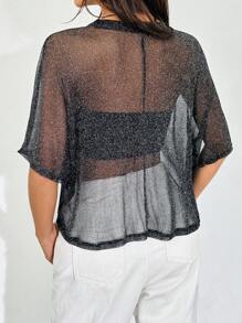 SHEIN EZwear 薄紗網實心蝙蝠袖短款t恤 - 黑色 - 查看 2