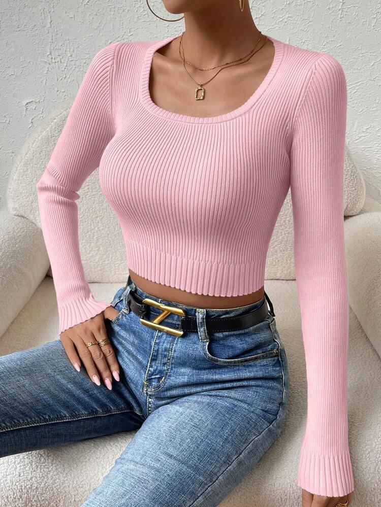 Casual Short Knitted Sweater With Round Neck And Ribbed Design, Fall Winter