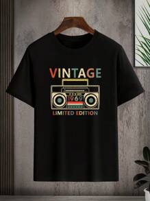 Manfinity Dauomo Nam Kích thước lớn Mùa hè Ngắn tay In Vòng cổ Giải trí Áo thun Với Retro Ruy băng In Khẩu hiệu - màu đen - Xem 1