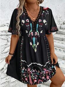 Breezaya Plus Size Vacation Style Floral Print Lace Trimmed Dress - Multicolor - View 4