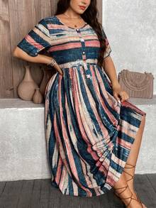 SHEIN LUNE Kích thước lớn Retro Mẫu sọc Ngắn tay Nút Lên Trang trí Mùa hè Đầm - Nhiều màu - Xem 6