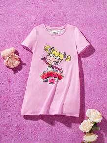 Nick 90s X SHEIN Young Girl Cute Round Collar Straight Fit Sleepwear Dress