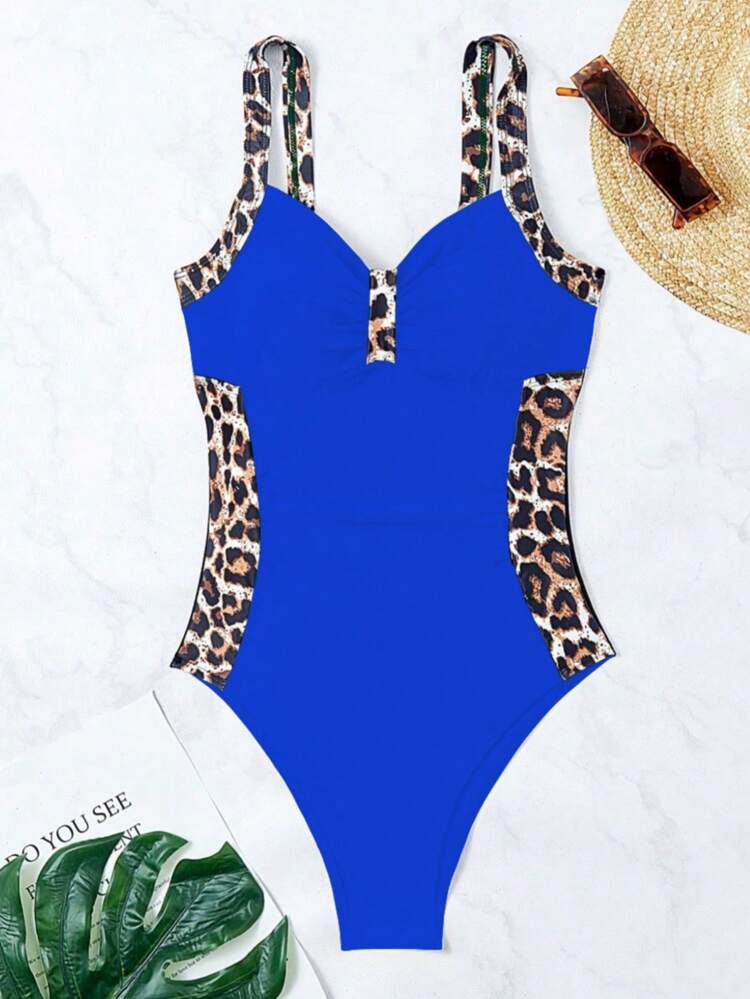 Summer Ladies Fashionable Leopard Print Patchwork Slim-Fit One-Piece Swimsuit