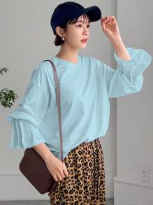 FRIFUL Women's Solid Color Drop Shoulder Ruffle Sleeve Loose T-Shirt Long Sleeve Women Tops