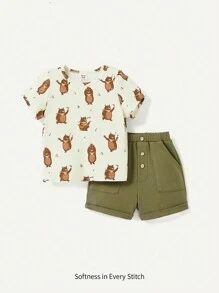 Cozy Pixies Conjunto de 2 piezas para bebé niño con parte superior de manga corta cuello redondo con estampado de oso de dibujos animados y shorts deportivos informales
